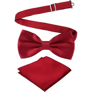 Adjustable Bowtie and Pocket Square Men Bowtie and Handkerchief Solid Color Double Fold Pre-Tied Bow Tie for Wedding Party