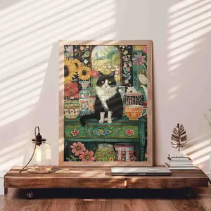 Black and White Cat in Floral Room 1000 Pieces Jigsaw Puzzle, Relaxing Family Game for Adults, Stress Relief Brain Challenge, Perfect Gift and Wall Art, Size 27.5x20inch(70x50cm)