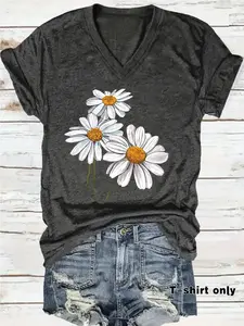 Women's Daisy Print V-Neck Short Sleeve T-Shirt, Soft Stretch Casual Summer Top, Loose Fit, Vacation Wear