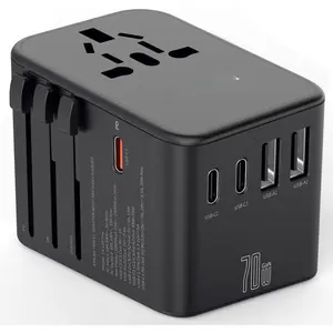 Universal Travel Adapter, GaN International Plug Adapter with 3 USB-C 70W PD   & 2 USB-A Adaptor -in- Wall Charger for  EU UK AUS (TA-105 Pro, Black)