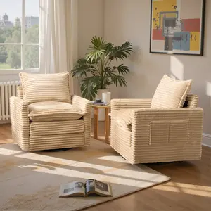 2PCS Swivel Accent Chair,Oversized Seat Armchair With Pillows and 4 Pockets,Modern Upholstered Corduroy Barrel Chair,Comfy Single Sofa for Living Room,Reading,Bedroom and Office
