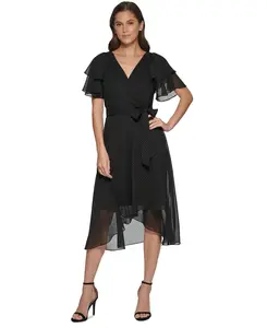 DKNY Women's Black Metallic Pin-Dot Chiffon Wrap Dress