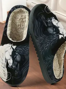 & Horse Artistic Cotton Slippers, Plush Lined Anti-Slip Thick Sole, Home Artisan Style Warm Winter Shoes