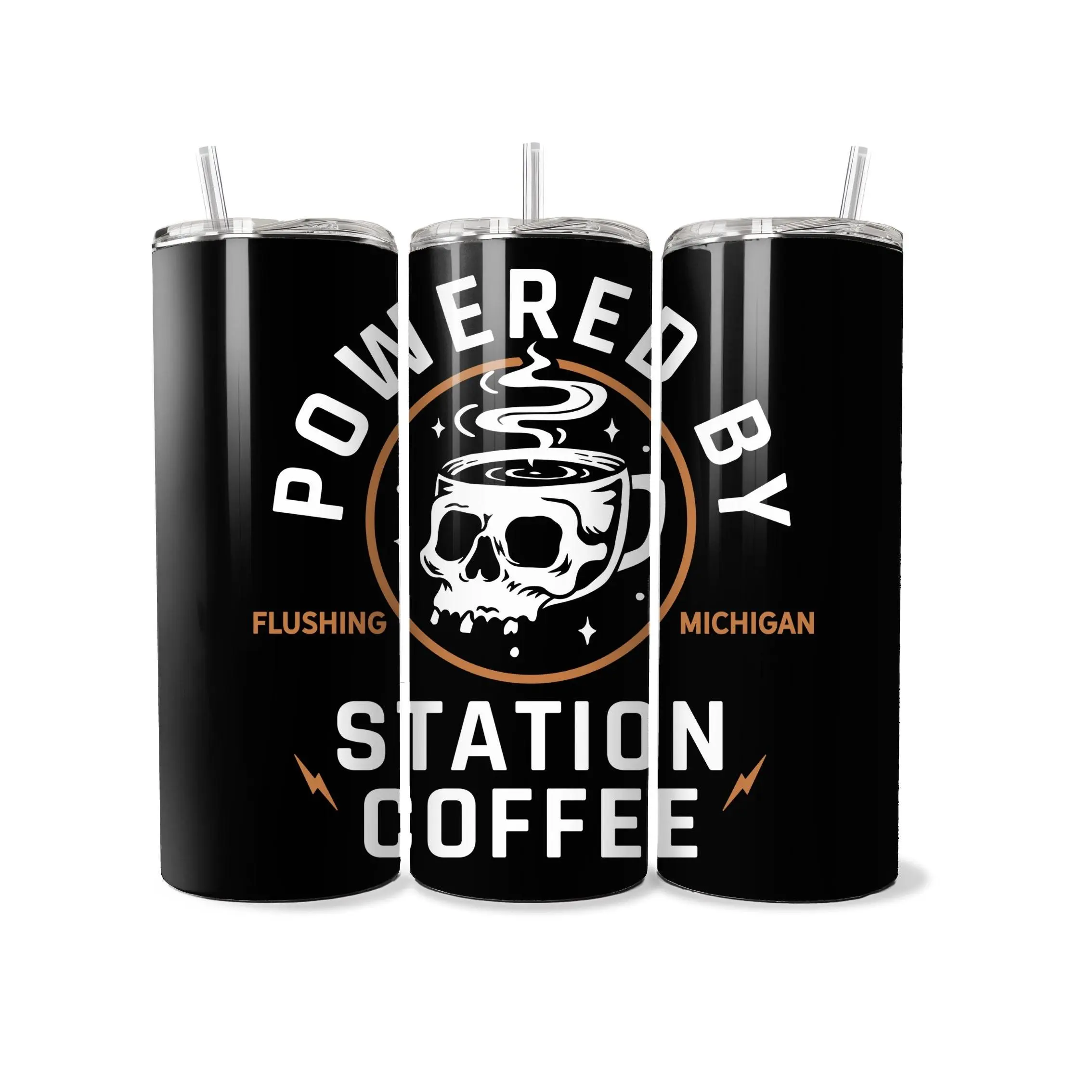 Powered By Station Coffee Skull Tumbler
