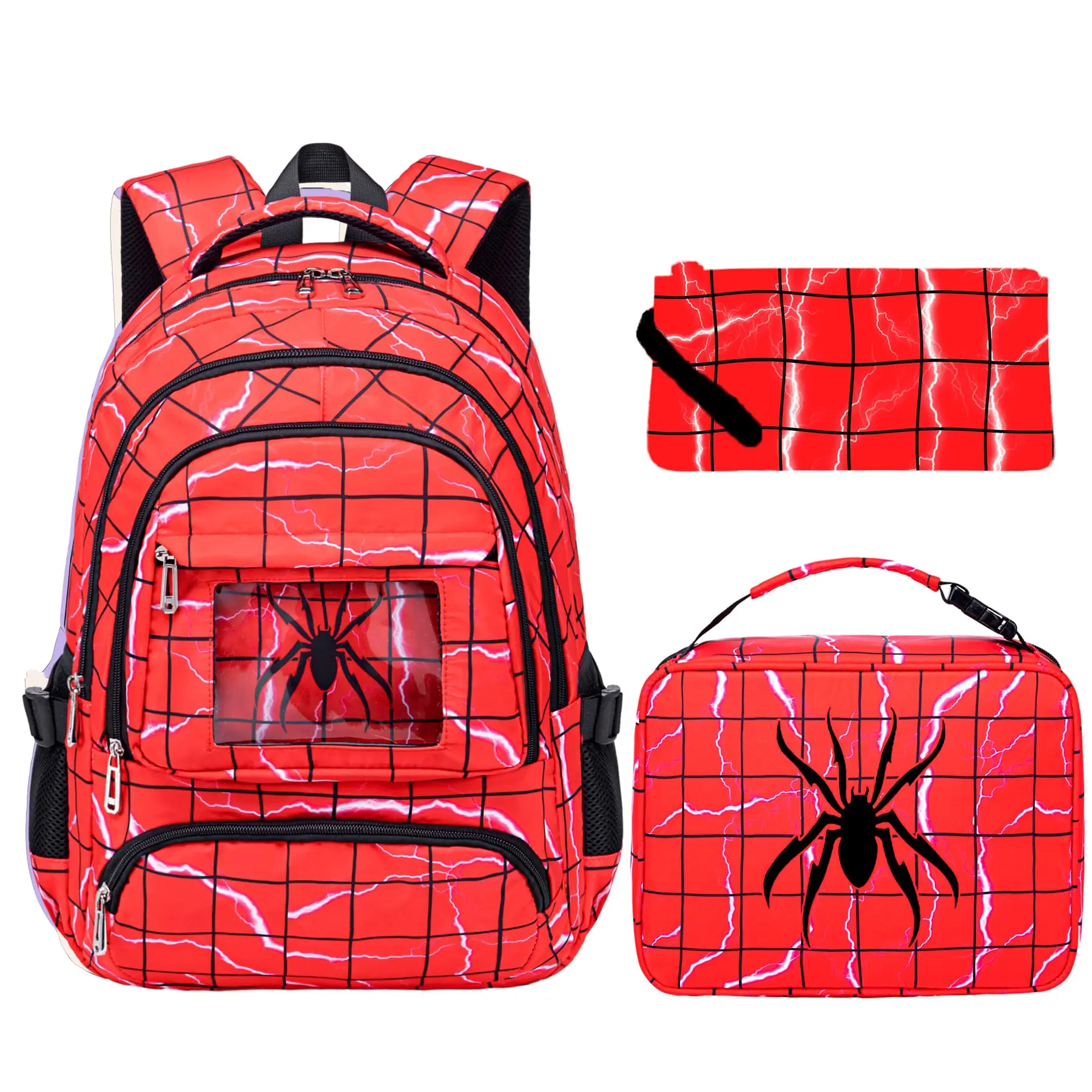 Kids Unisex 3-Piece School Backpack Set - 17in Large Capacity Polyester Spider Graphic Bookbag with Laptop Compartment, Lunch Bag, Pencil Case, Multiple Pockets to Organize Items for Elementary Students