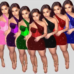 Sexy fashion mesh sequin one-shoulder short dress; women’s sexy, elegant bodycon mini dress for parties and clubs; hot diamond mini dress; formal womenswear