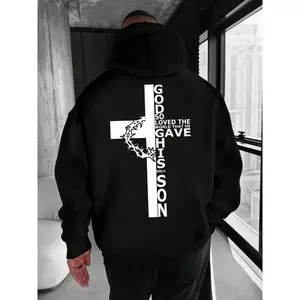 New "God" Monogram Printed Kangaroo Pocket Hoodie, Spring and Autumn Winter Printed Hoodie Top Loose Style, Warm Lining and Drawstring Design, Comfortable Fall and Winter Long Sleeve Casual Hoodie Men's Clothing Unisex Hoodies