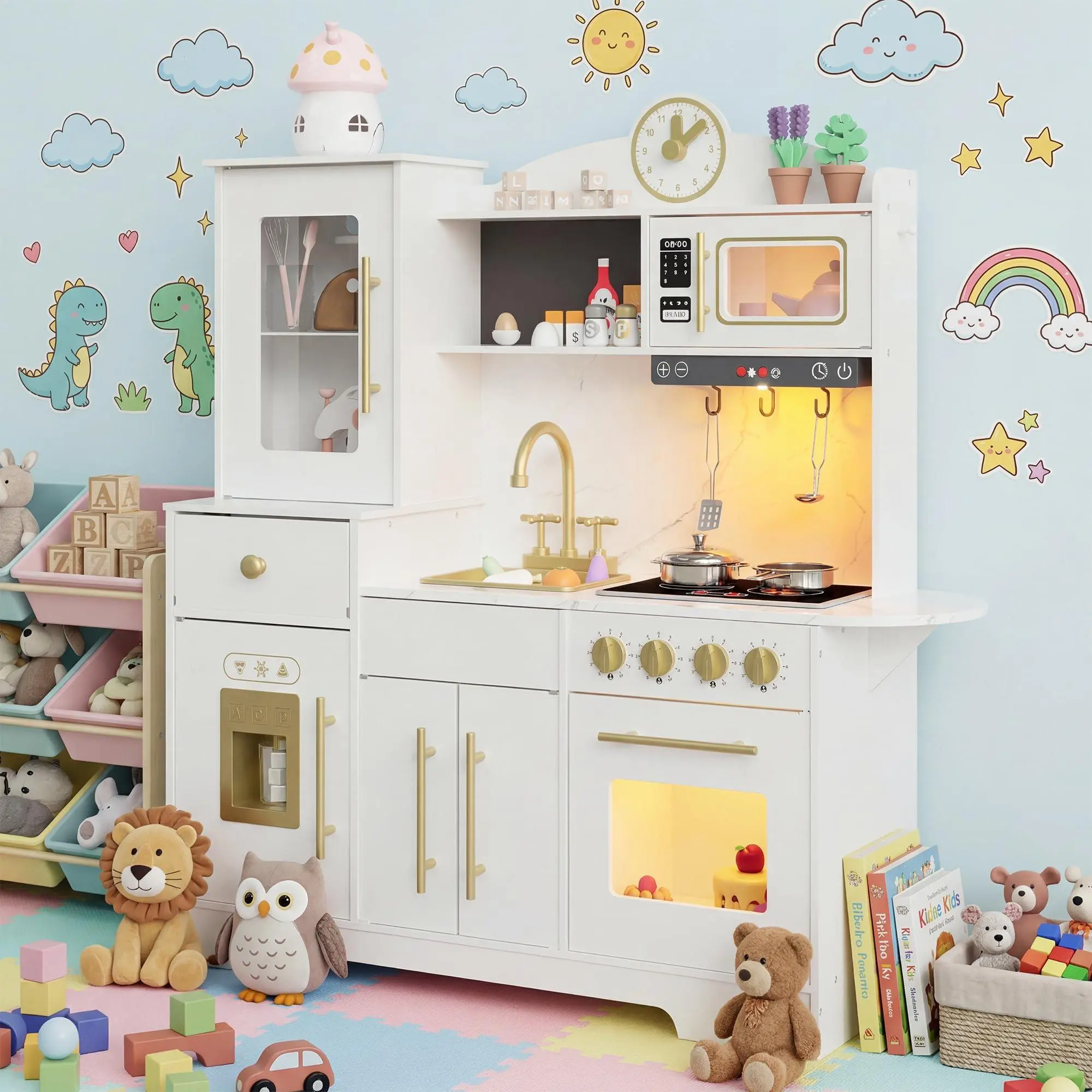 Garvee Play Kitchen for Kids, Wooden Kids Play Kitchen Playset Chef Pretend Play Set for Toddlers with Real Lights & Sounds, Toys Kitchen Toy Food & Cookware Accessories
