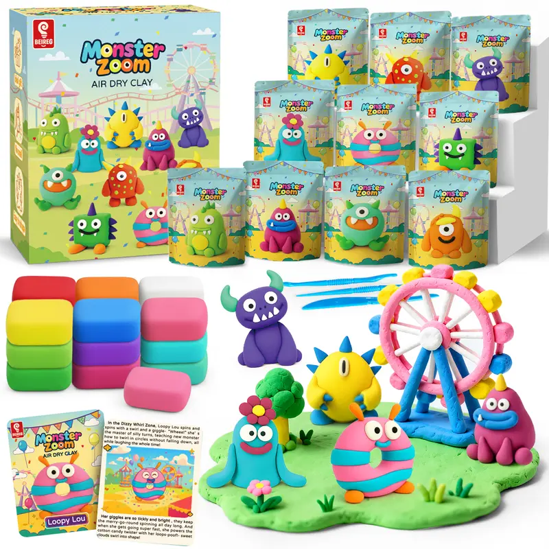 Beireg Monster Zoom Air Dry Sculpting Clay Kit for Kids - 10 DIY Monster Modeling Sets, Bright Story Cards, Tools, Ultra-Light Soft Non-Toxic - Cute Playful Crafting Fun for Airdry Clay Creations, Home School Projects, Party Gifts
