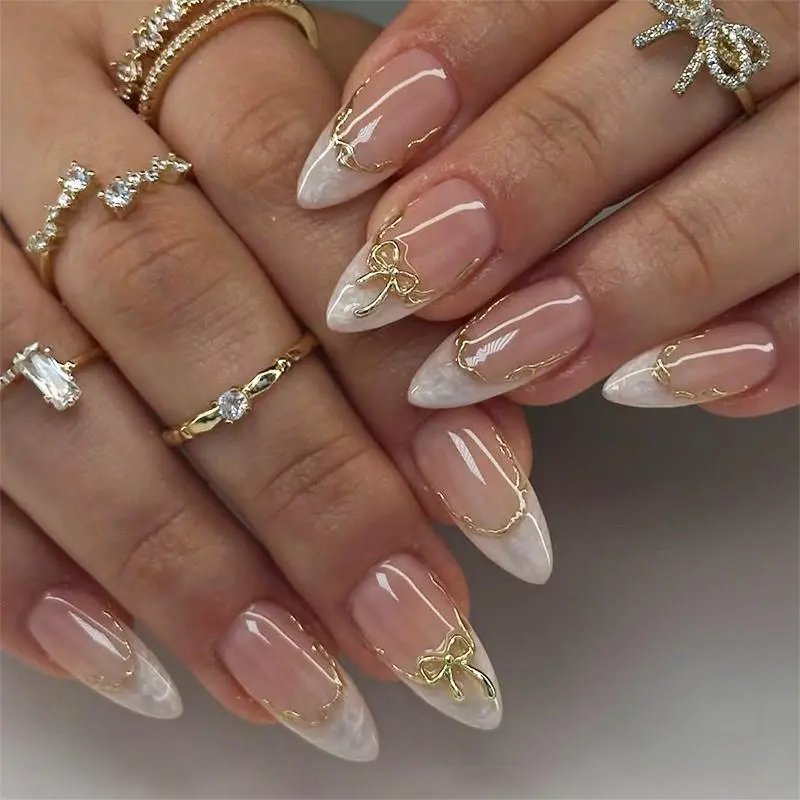 Bow Detail Press on Nails with Nail File & Jelly Glue, 24pcs/set Removable Nail Art, Artificial Full Covers White French Tip for Women & Girls, Glittering Fake Nails