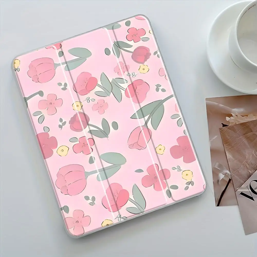 Pink Tulip Floral Folding Stand Case for iPad, Transparent Acrylic Hard Back, Pencil Slot & Charger Slot, Scratch-Resistant Slim Protective Cover for iPad 10.2 2019/2020/2021, Mini, Pro, Air Scratch-resistant ultra-thin protective case