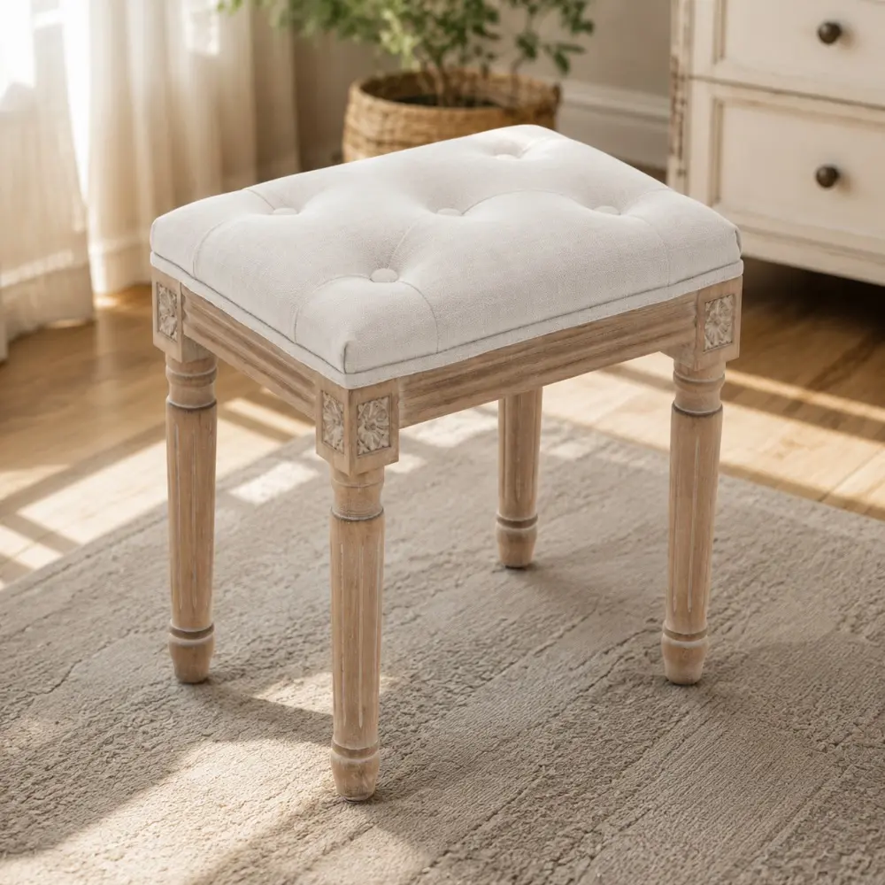 Littleox Tufted Vanity Stool with Linen Upholstery & Carved Solid Wood Legs, Dressing Bench for Bedroom, Beige