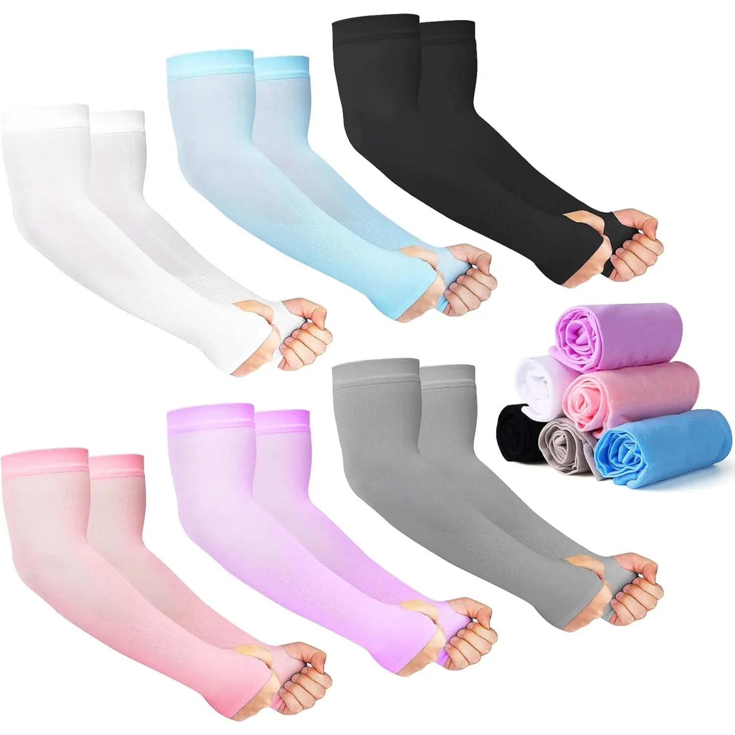 12 Pairs Sun Protection Sleeves UV Cooling Arm Men Women Sports with Thumb Hole for Driving, Golfing, Fishing, Cycling, Hiking, Doing (6 Colors) by HR