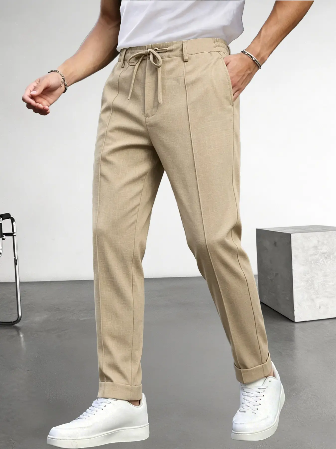 Men's Casual Classic Drawstring Waist Trousers, Casual Solid Drawstring, Straight Leg Rolled Hem, Comfortable Wrinkle-Resistant Linen Texture, All Seasons, Business/office/daily Use, All Purpose Pants