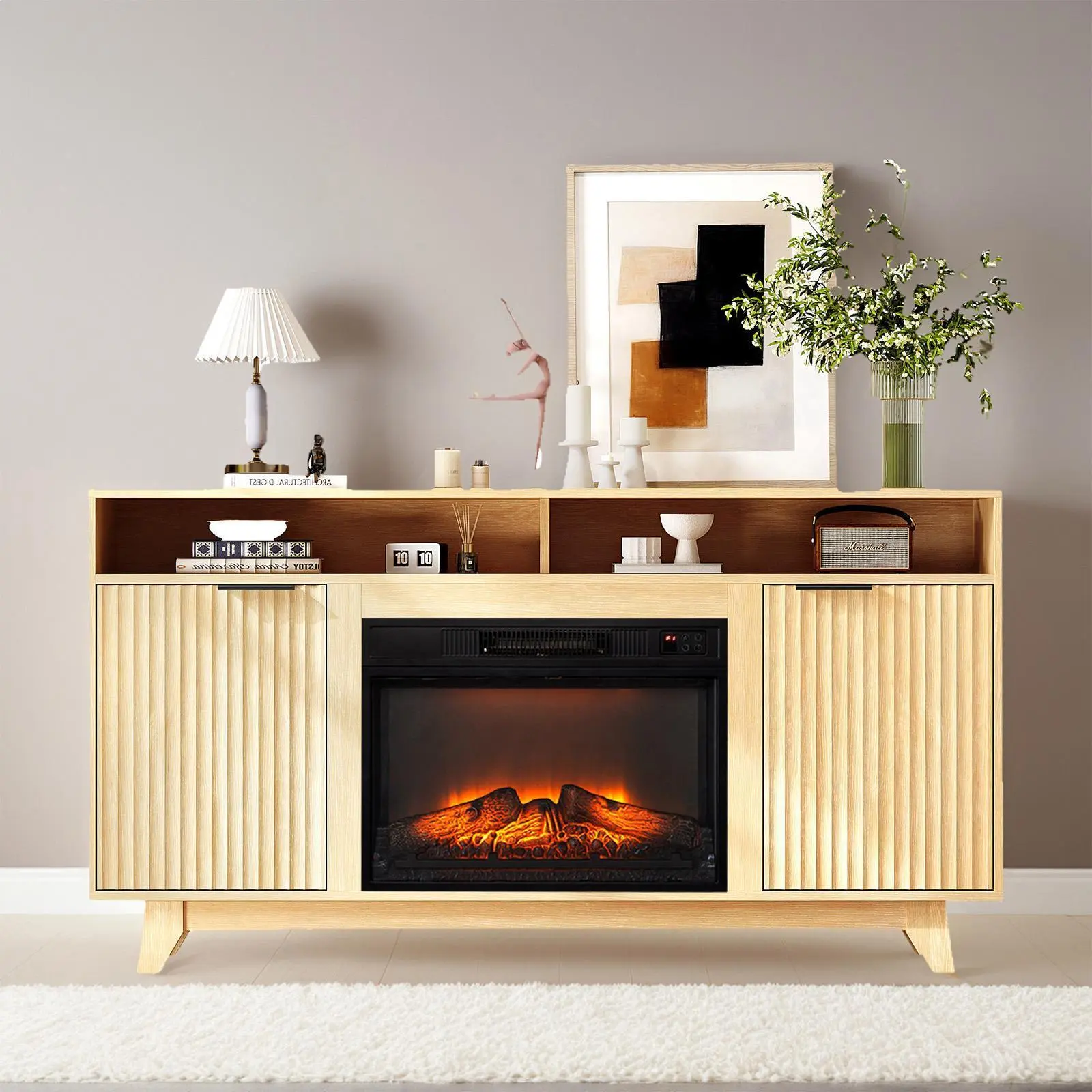 Karlhome Fluted Fireplace TV Stand for up to 70 inch TVs, Entertainment Center with Electric Fireplace Heater & Adjustable Shelves ＆ Open Cabinet, Fireplace Media Console Table for Living Room