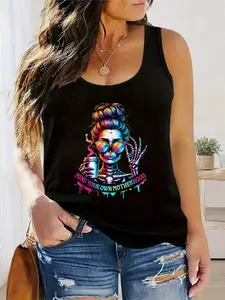Plus Size, Women's Gothic Boho Sleeveless Vest T-Shirt - Skull & Coffee Art Print With Mind Your Own Motherhood Slogan, Lightweight 180gsm Round Neck Summer Top, 95% Polyester5% Elastane, Edgy Casual Wear For Spring, Fall & Layering (Black)