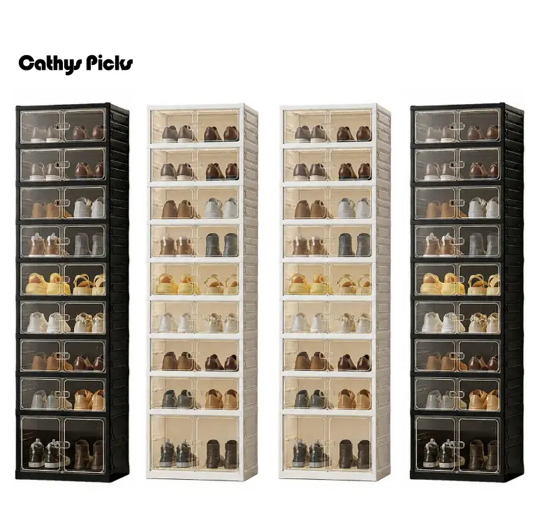 Foldable Shoe Organizer Storage Box - Portable Extra-Large Folding Closet Shoe Rack with Magnetic Transparent Door
