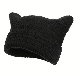 1Pc Little Devil Cat Ear Crochet Beanie, Pure Handmade Knitted Hat, Unisex Hip Hop Street Casual Cap, Cool Versatile Outdoor Hood, Machine Washable Design