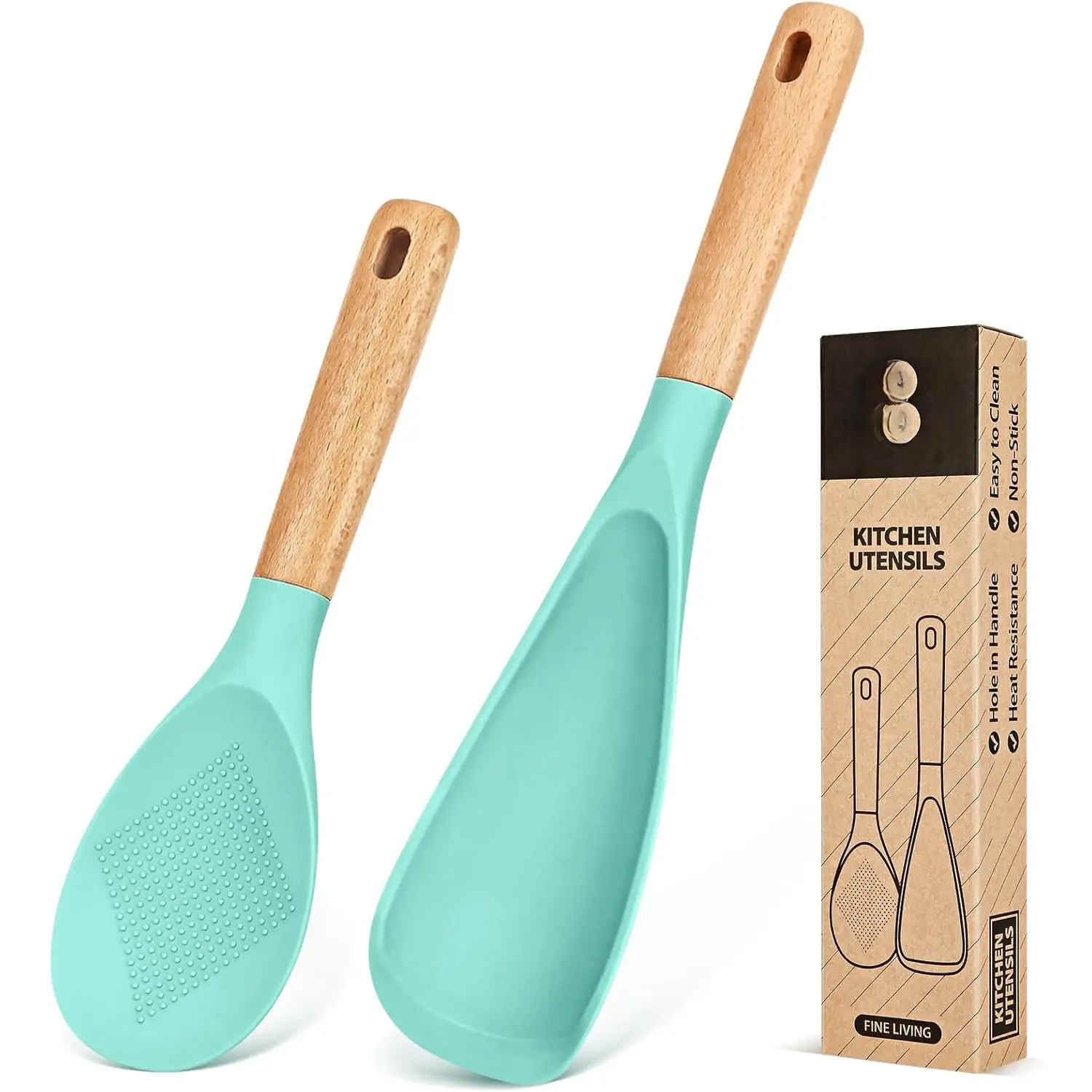 Cooking Spoon and Rice Scooper for Nonstick Cookwares, Great for Cooking and Serving Sturdy BPA-Free Matte Silicone, Wood Handle Spoon for Mixing, Scoop, and Scrape (GREEN)