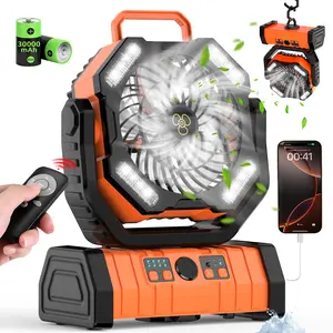 30,000mAh Battery Operated Fan with LED Lantern & Power Bank, 270° Auto-Oscillating Portable Fan, High-Velocity Quiet Rechargeable Fan for Soccer Mom, Jobsite, RV, Mowing, Hurricane Power Outage Emergency Survival Gear, Father's Day Gift