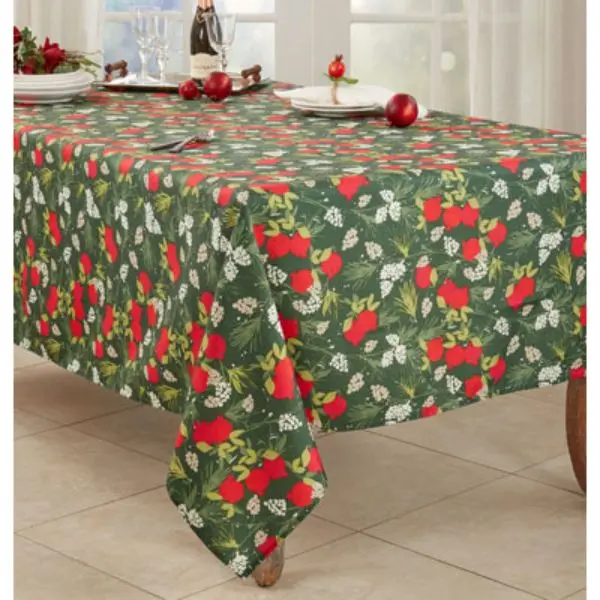 Colorful 65x120 in. Holiday Pomegranate Tablecloth, Red & Green Kitchen Linen Household Textile