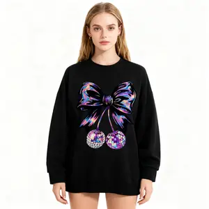 Women's Loose Casual Long Sleeved Pullover Hoodie with Colorful Laser Bow & Disco Ball Cherry Print for City Stroll Spring and Autumn Fashion