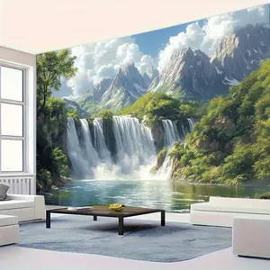 1pc Large Waterfall Cave Landscape Tapestry - Vibrant Polyester Wall Hanging with Majestic Waterfall, Lush Greenery & Serene River Scene, Perfect for Living Room, Bedroom, Party & Live Streaming Background, No Installation Required, Waterfall Decor