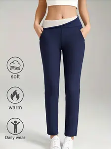 Women's Outdoor Winter Fleece-Lined High-Waist Elastic Tummy Control Leggings - Hip-Lifting, Shaping, Tight Fit, Comfortable, Thermal, Cold Protection, Pockets, Black Minimalist Athleisure Joggers,summerwins Womenswear