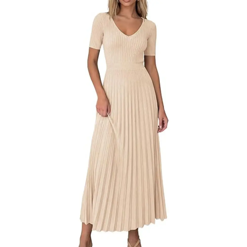 PRETTYGARDEN Women's Spring Midi Sweater Dresses Elegant Pleated Ribbed Knit Short Sleeve V Neck A Line Summer Outfits