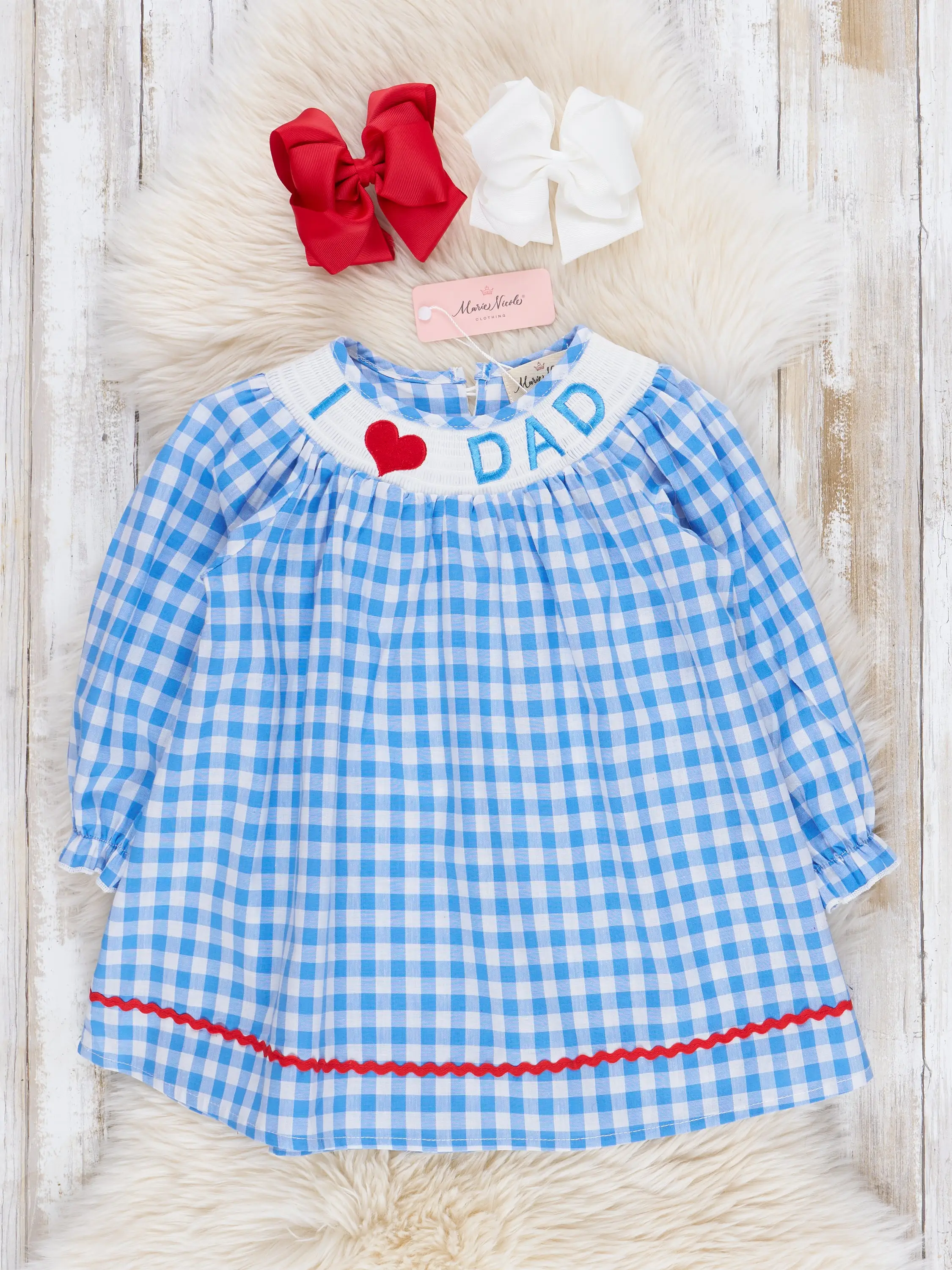 Blue Gingham Smocked Dad Love Dress