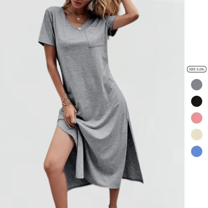 Imily Bela Women Summer T Shirt Dress Casual Short Sleeve V Neck Midi Dresses Loose Side Slit Tshirt Maxi Dress with Pockets