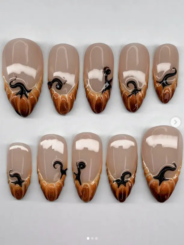 Minimal Pumpkin Press On Nails, Nude Brown French Tip Fall Halloween Nails, Simple Cute Autumn Almond Nail Set for Her