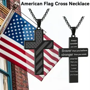 Stainless Steel Cross Black Pendant Fashion Necklace, Bible Verse American Flag Pendant Chain,for Men, Husband, Father, Mother's Day Gifts