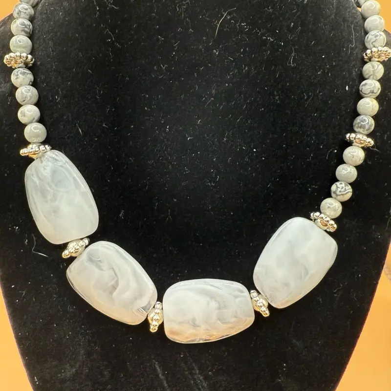 Slate Grey and Silver Colored Necklace with Large light grey  Beads and silver Accents for Women