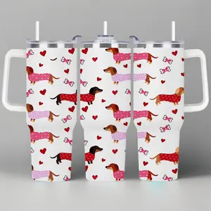 1pc 40oz Tumbler with Handle and Straw Cute Dachshund Dog Print Vacuum Insulated Stainless Steel Travel Mug Double Wall Coffee Cup for Car Cup Holder Portable Water Bottle for Outdoor Office Home Dog Lover Gift