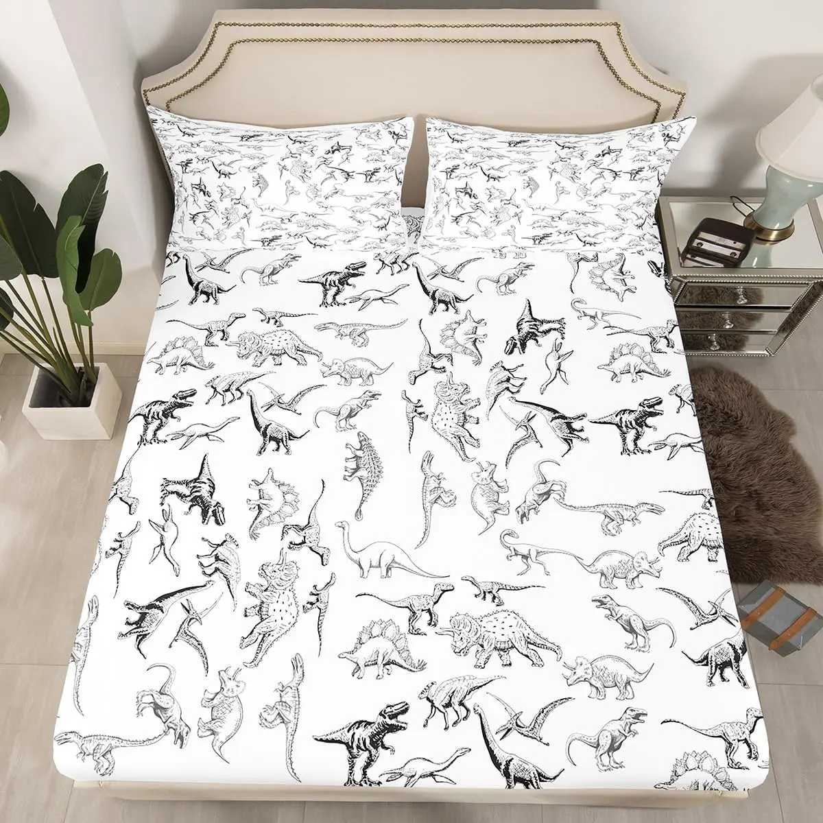 Dinosaur Bed Sheets Set 3D Digital Print Sheet Set Decor Jungle Dino Sheets Deep Pocket Fitted Sheet Wild Animal Black and White Bedding Set Bedroom