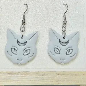Light Gray Cat Dangle Polymer Clay Earrings with Crescent Moon Design