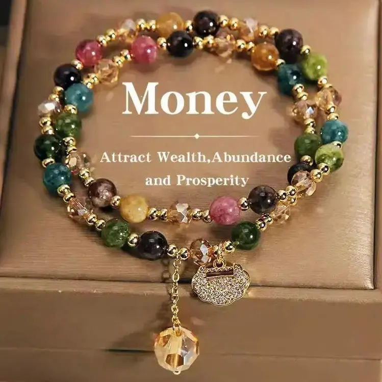 Lucky colorful bracelet, dopamine Y2K style, high-quality double-strand rainbow tourmaline pendant bracelet, wearing natural gemstones brings you energy and wealth.