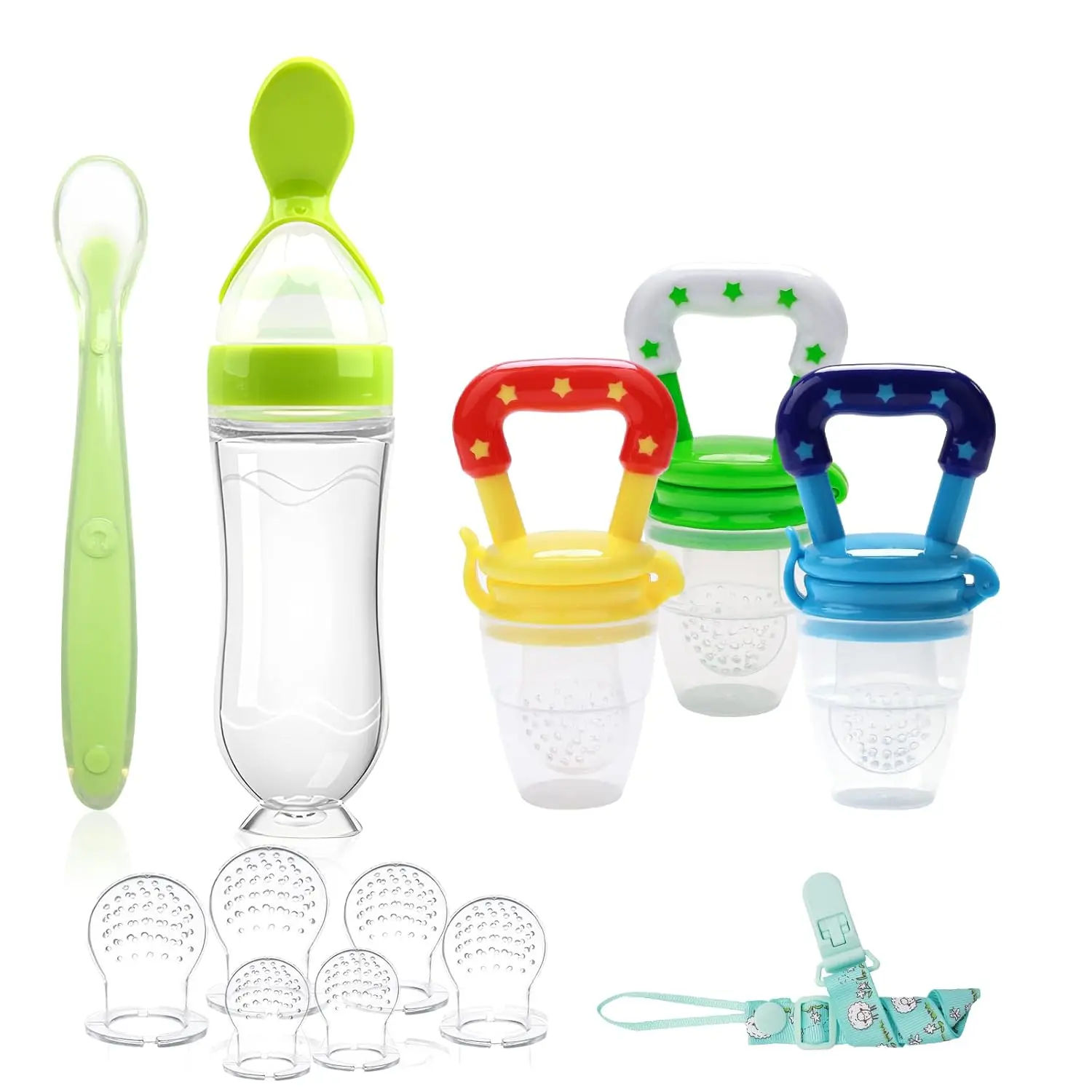 Baby Food Feeder Set, 3 Pack Fruit Feeder Pacifiers with 6 Silicone Nipples + 90ML Baby Food Dispensing Spoon + Pacifier Clip, Safe BPA-Free Silicone Feeding Set for Infants & Toddlers