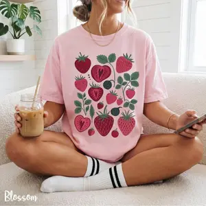 Everlyn&co Strawberry Girl T-Shirt Comfort Colors Coquette Aesthetic Tee Cute Fruit Graphic Shirt Trendy Cottagecore Berry Top Summer Garden Outfit Soft Girl Aesthetic Gift Strawberry Lover Tee 100% Ring-Spun Cotton - Womenswear