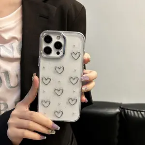 Transparent Heart Pattern Phone Case Ideal Gift for Birthday Girlfriend for Apple/iPhone 17 16 15 14Plus 13 Pro Max Cute Hollow Out Heart Shape Design, Durable Protective Cover with Drilling Bezel Girl's Heart Silver Bead Drip Case for iPhone Shockproof C
