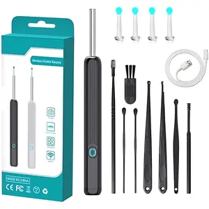 Ear Wax Removal, Earwax Remover Tool with 8 Pcs Ear Set, Ear Cleaner with Camera And Light, Family Friendly, Ear Cleaner for iOS & Android Black Ear Wax Removal Tool