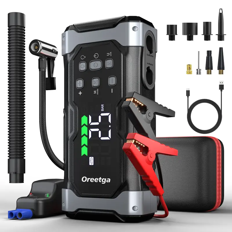9000A Car Battery Jump Starter with Air Inflator/Deflator Compressor, 7 in 1 Portable Jumper Box Power Pack (ALL Gas/12.0L Diesel) Combo Cordless Air Pump for Tire Inflator & Large LCD Screen Portable Car