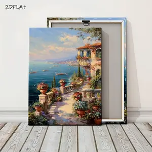 2D Flat, 2D Flat-Decorative Signs & Exquisite Wooden Frame Decoration Plaques A Beautiful Painting of an Italian Villa with Flower Pots on the Unique Decorative Paintings Showcase Your Personal Style, 2D Flat	
