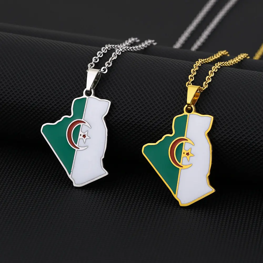 Algeria Flag Map Pendant Necklace | 2026 Football Events | Football & Basketball Fan Style | Fashion Jewelry | Couple Style | Gift Selection | Gift For Him or Her
