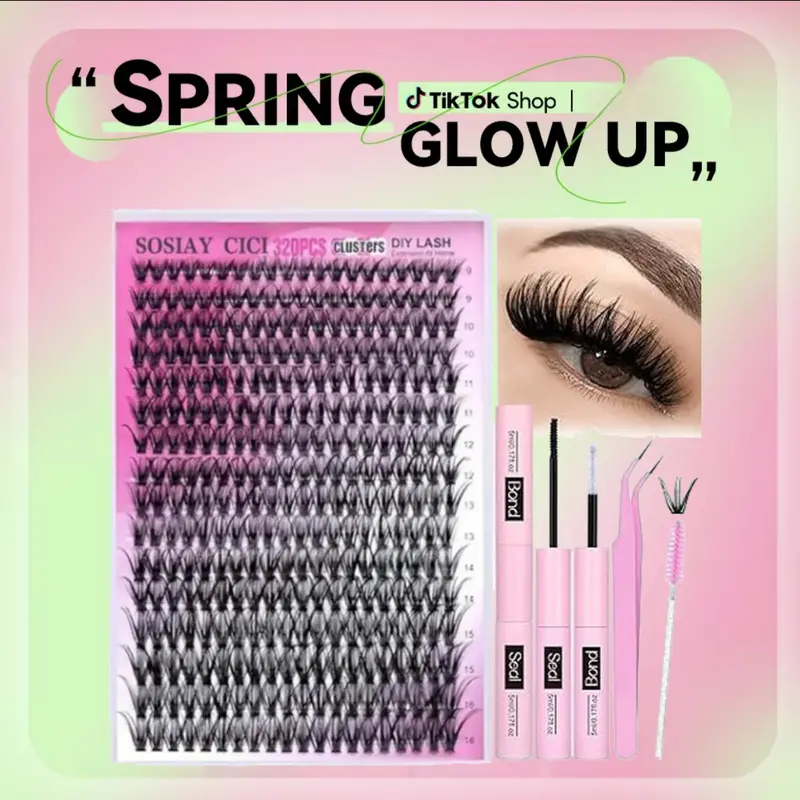 SOSIAY CICI DIY High-Quality Eyelashes Cluster Kit - D-Curl Eyelash Extension Set with 40D Thin Band (320pcs), 80D+100D Lightweight Matte Finish (280pcs), Lash Bond, Seal, Tweezers for Holiday Gifts