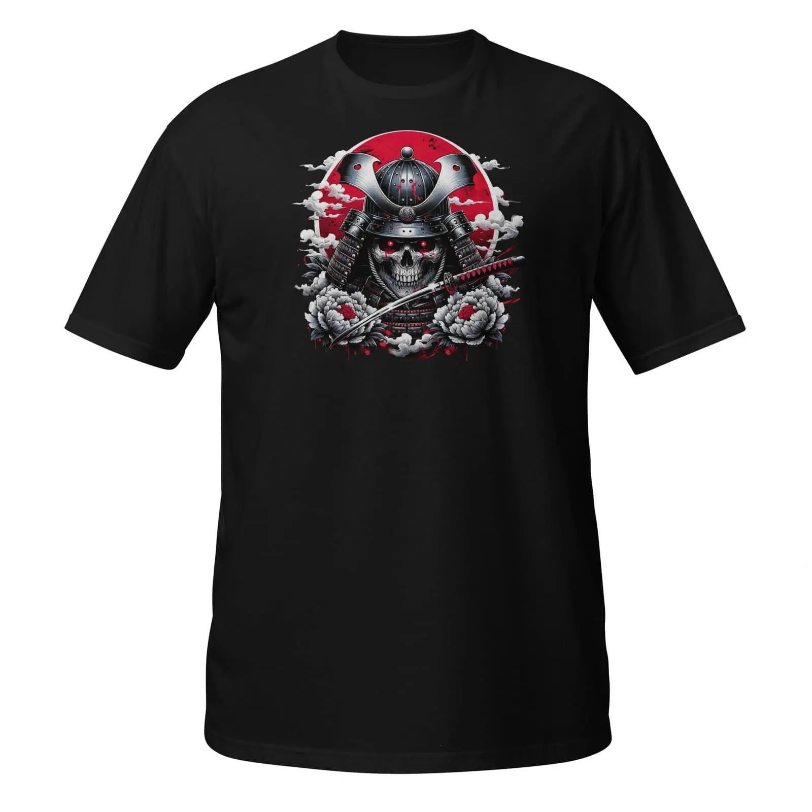 Red Samurai Skull T-Shirt – Undead Warrior with Katana and Rising Sun Design