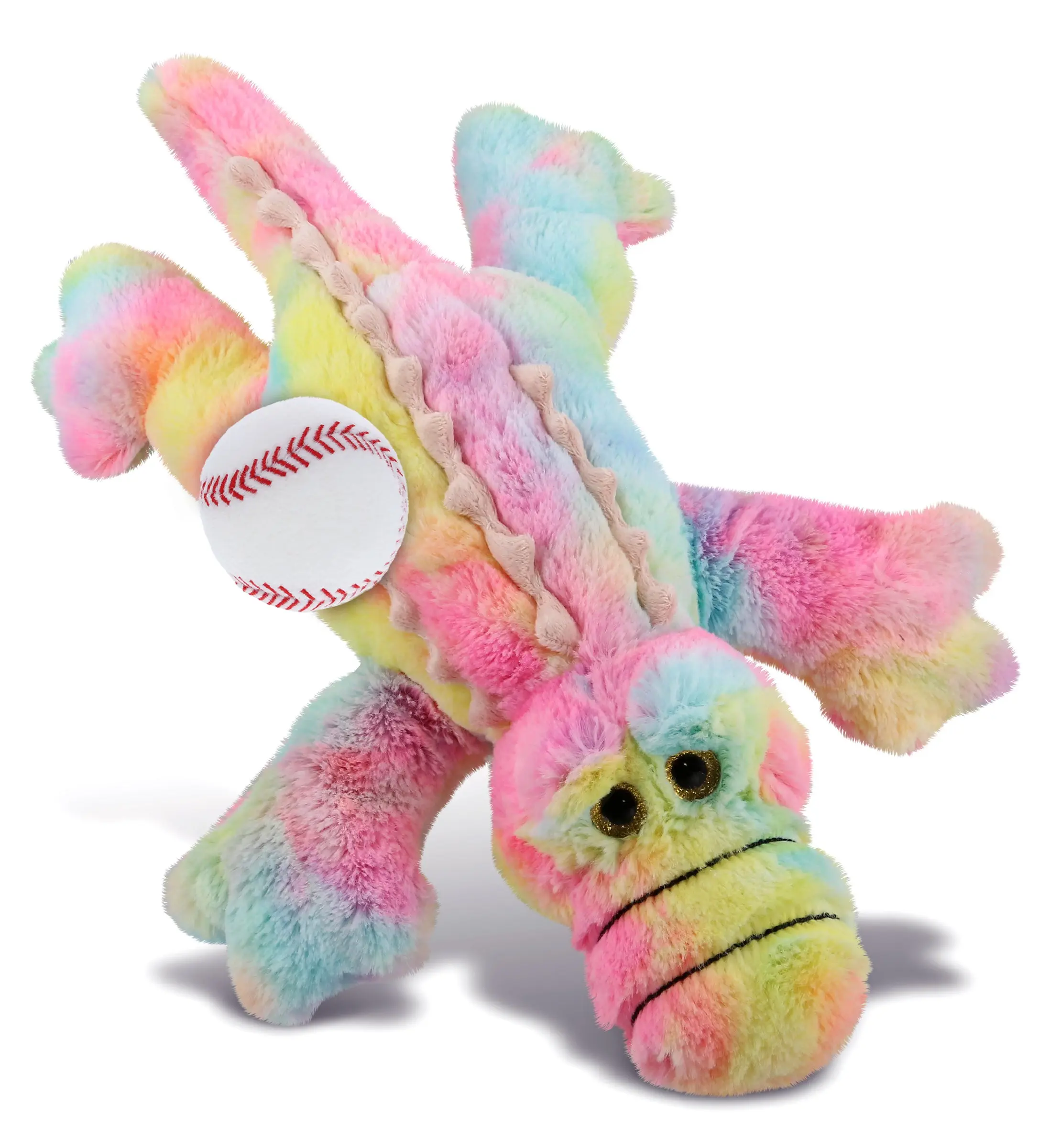 DOLLIBU Rainbow Alligator Plush Toy - 17 in (17l x 11w x 3.5h in) Large Stuffed Toy with Attached Baseball Ball, Super-Soft Polyester, Kids' Room Accessory for Family Bonding, 1 Dollibu Rainbow Alligator Plush Toy