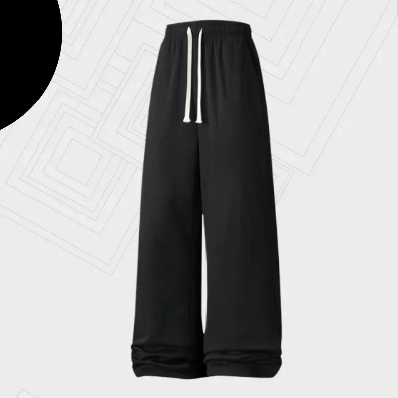 Men’s drop-weight wide-leg casual sweatpants; skin-friendly, breathable, and comfortable; white drawstring waist with a loose fit; relaxed straight cut with flared cuffs; versatile for everyday wear, commuting, streetwear, and casual looks across multiple