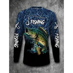 Men's Long Sleeve Casual Fishing Shirt - 3D Fish Print, Round Neck, Polyester, Black & Blue Gradient, Ideal for Outdoor Activities, Fishing Accessory Athletic Tops Sports Clothing